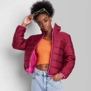 NWT Wild Fable Pink Maroon Cropped Puffer Jacket